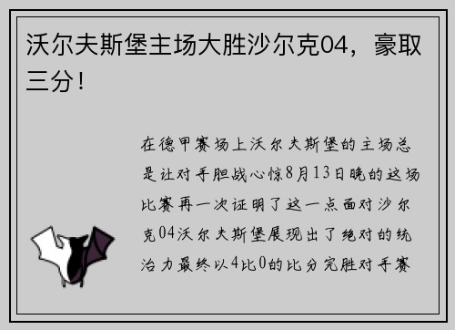 沃尔夫斯堡主场大胜沙尔克04，豪取三分！